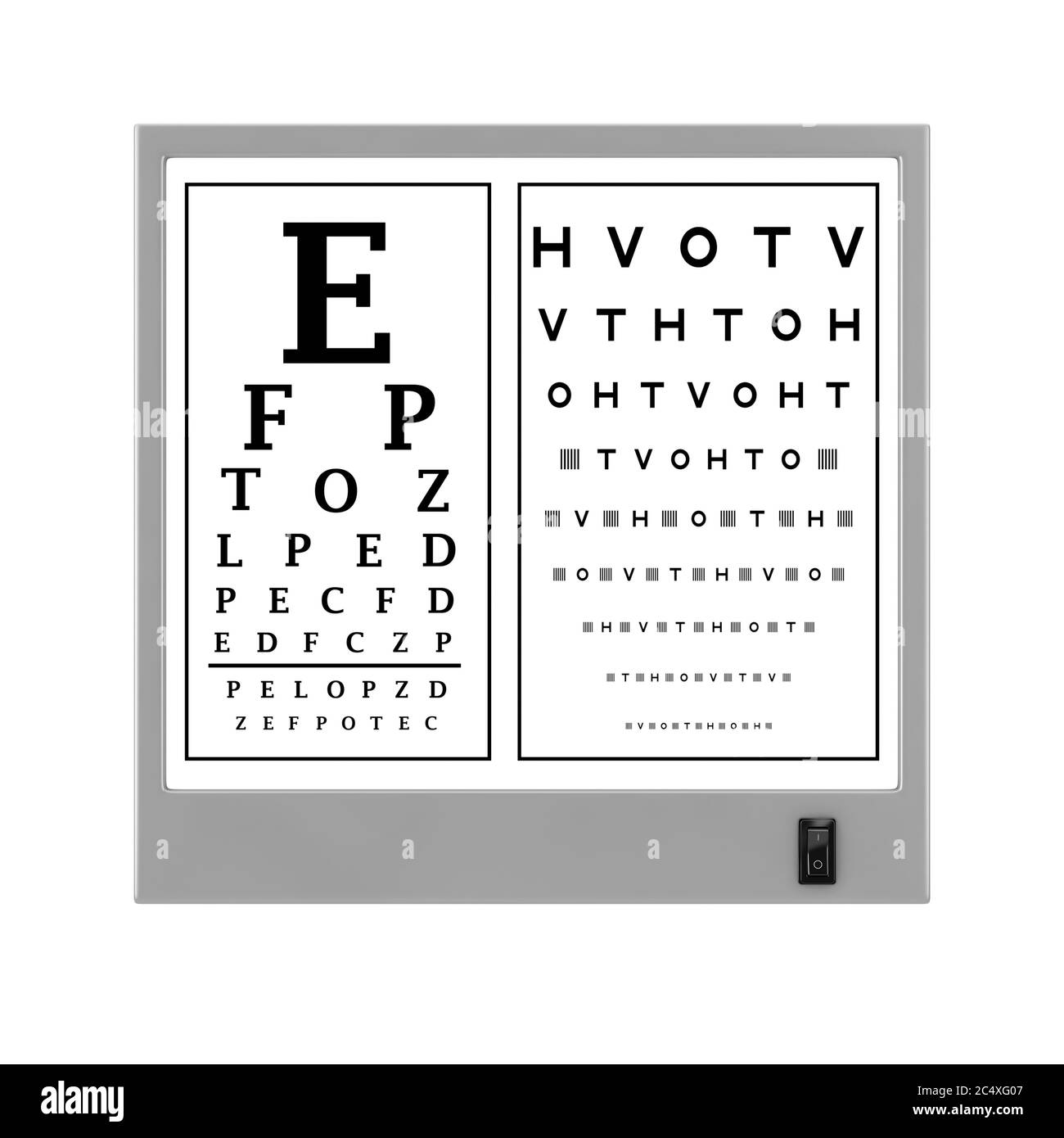 Snellen Eye Chart Test Light Box on a white background. 3d Rendering Stock Photo