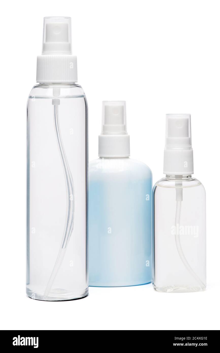 group of hand sanitizer spray bottles isolated on white background