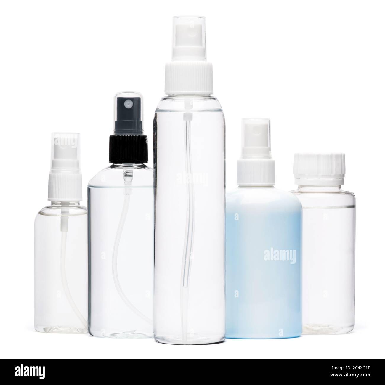 group of hand sanitizer spray bottles isolated on white background