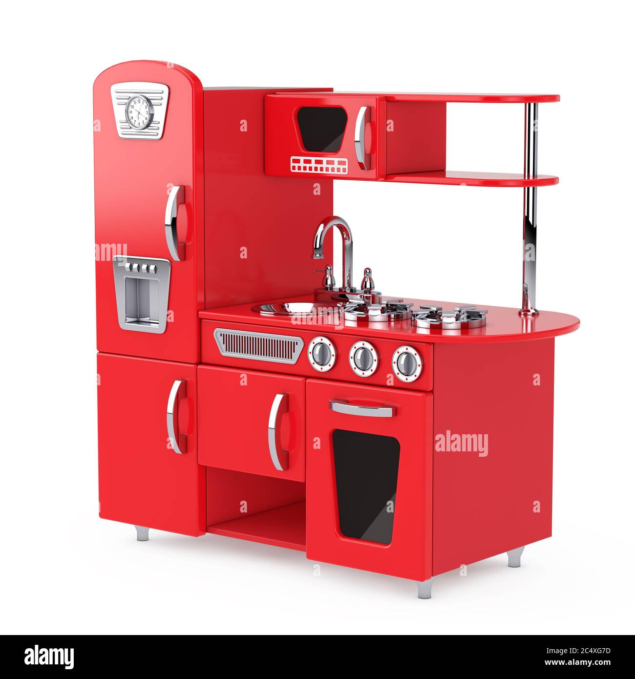 Red Vintage Toy Kitchen on a white background. 3d Rendering Stock Photo