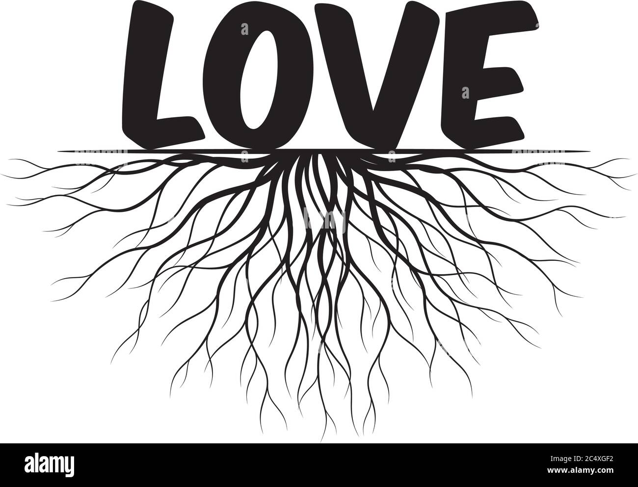 Concept with Leaves and Roots. Vector Illustration. Love text and idea