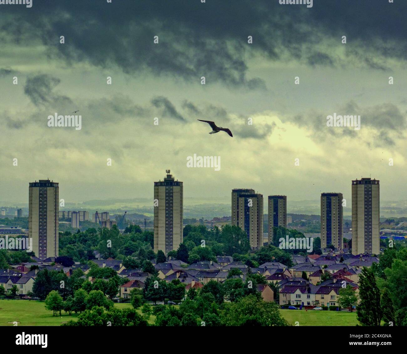 Glasgow, Scotland, UK 29th June, 2020: UK Weather: Heavy rain and storm clouds over the Scotstoun towers council housing and the south of the city. Gerard Ferry/Alamy Live News Stock Photo