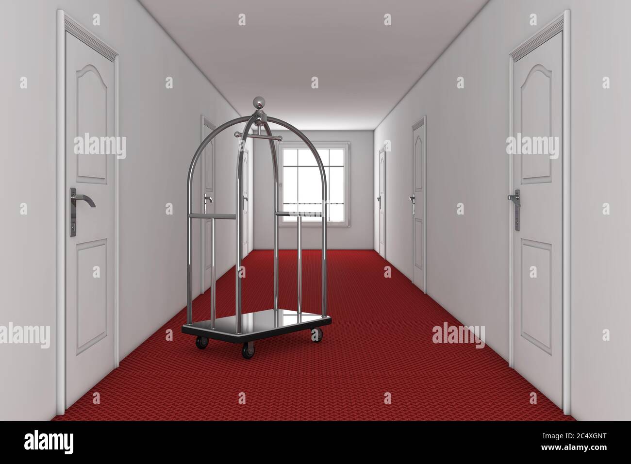 Silver Luxury Hotel Luggage Trolley Cart in Hotel Building Hallway