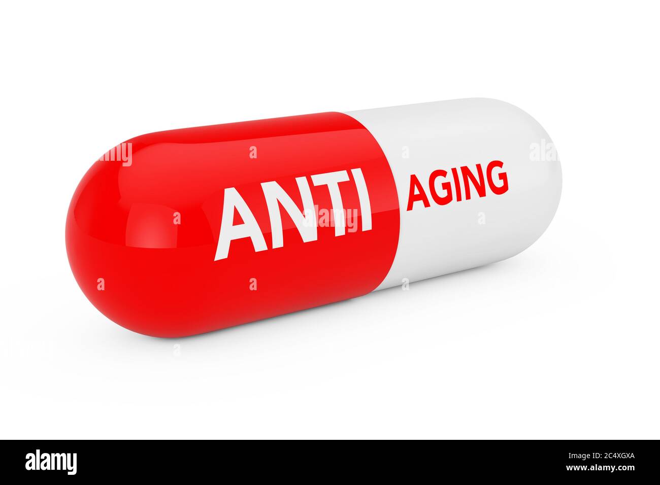 Capsule Pill with Anti Aging Sigh on a white background. 3d Rendering Stock Photo
