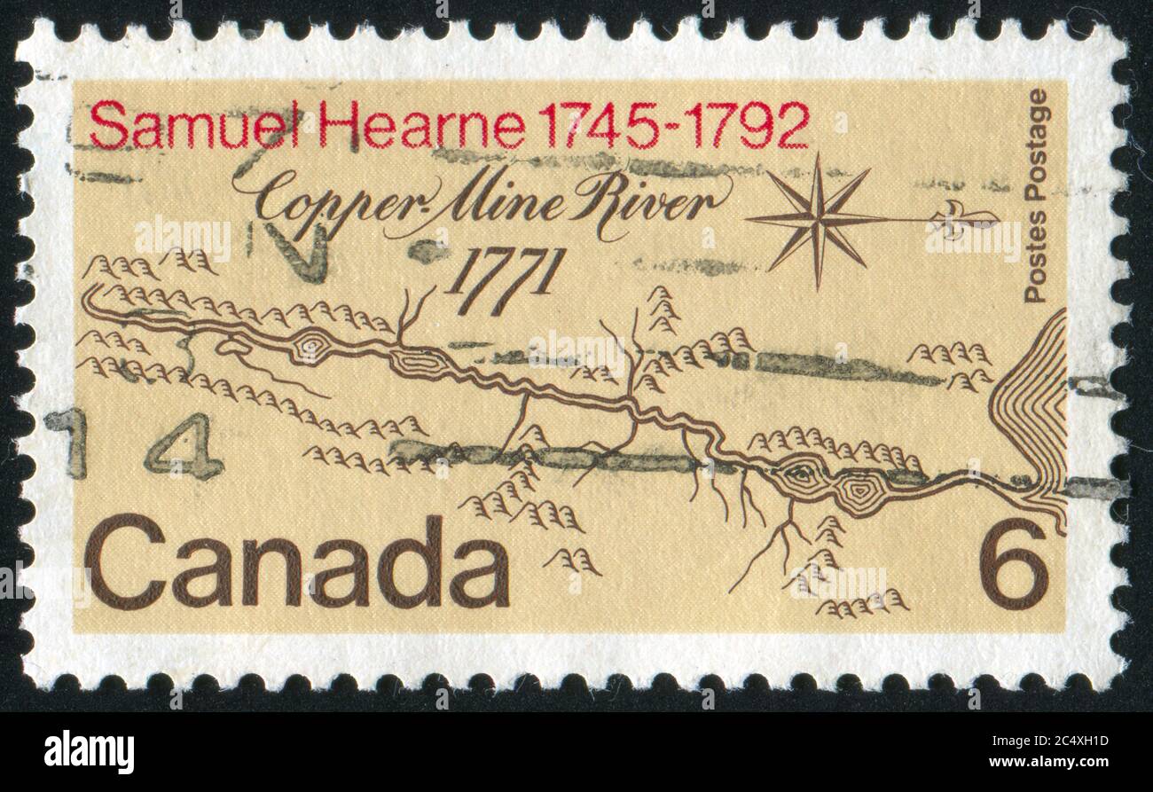 CANADA - CIRCA 1971: stamp printed by Canada, shows Map of Copper Mine River Basin, circa 1971 Stock Photo