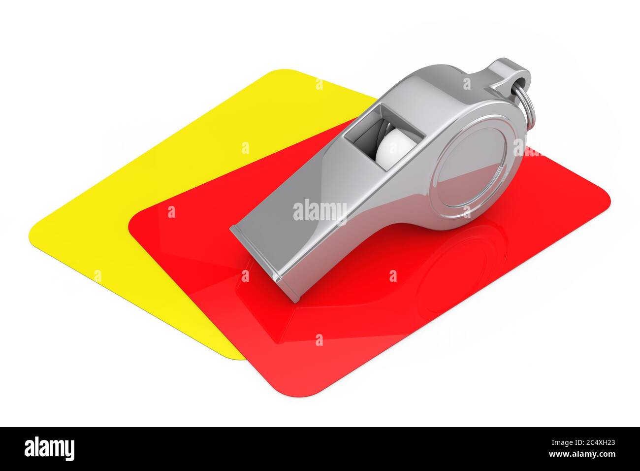 Classic Metal Coaches Whistle over Red and Yellow Cards on a white