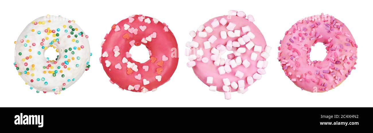 Glazed donuts set isolated on white background with clipping path. Top view Stock Photo
