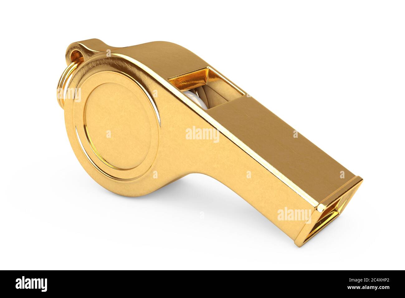Classic Gold Metal Coaches Whistle on a white background. 3d Rendering