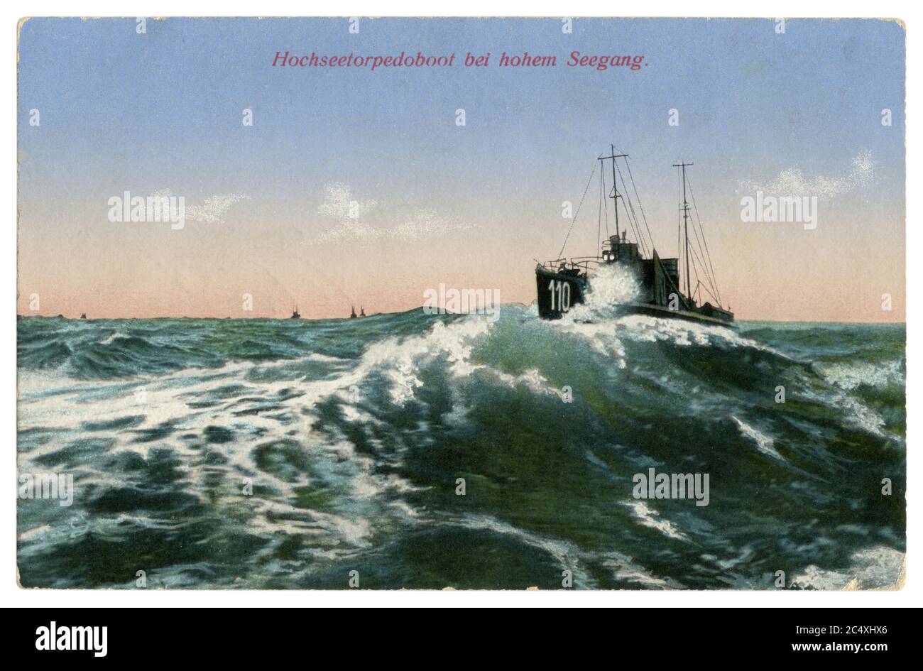 German historical colorized photo postcard: Torpedo boat No. 110 on a high wave in the open sea, Imperial German Navy, world war one 1914-1918. Stock Photo