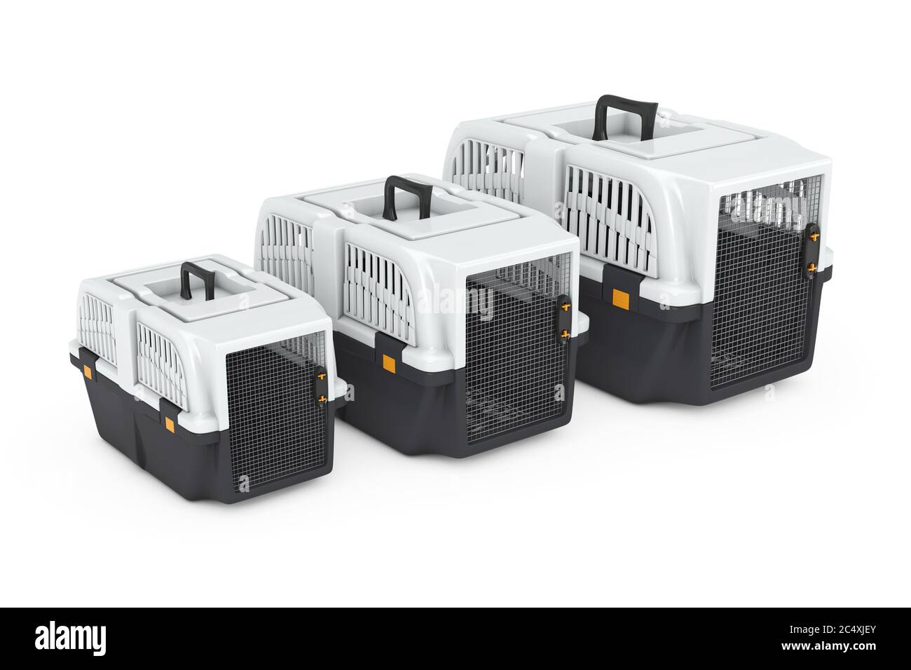 Row fo Pet Travel Plastic Cage Carrier Boxes on a white background. 3d