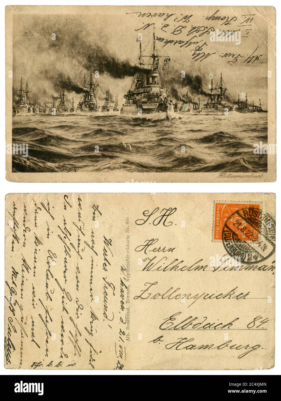 German historical postcard: Maneuvers of the German Imperial Navy, an Armada of warships in the campaign. Handwritten inscription. German empire, 1922 Stock Photo