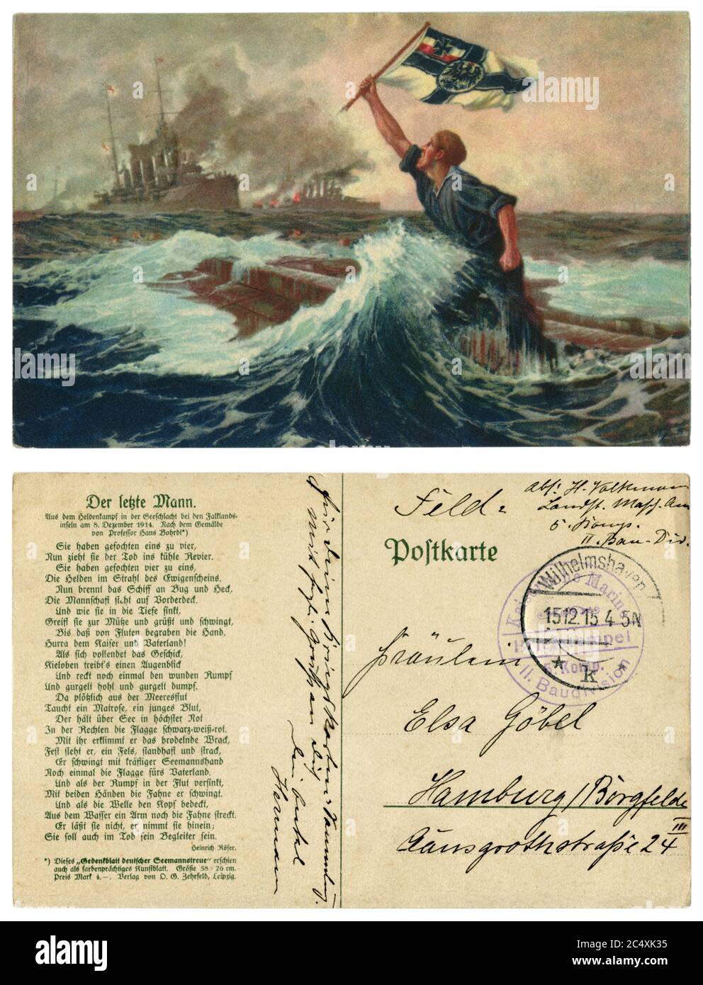 German historical postcard: A German sailor waves a flag in front of the British fleet from a sinking warship. Imperial German Navy, 1915, reverse. Stock Photo