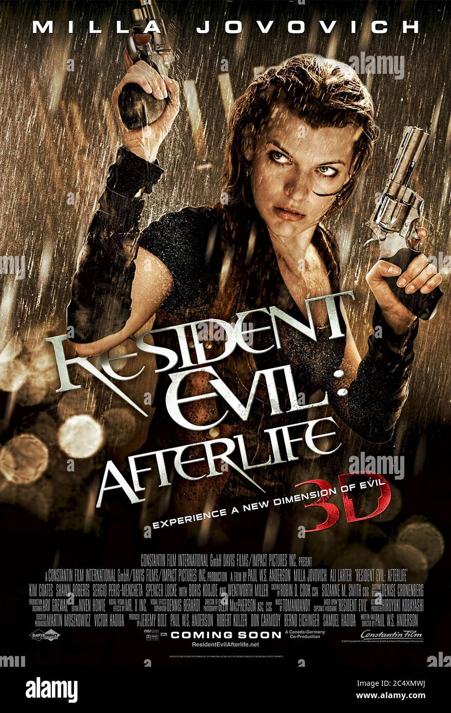Resident Evil: Afterlife (2010) directed by Paul W.S. Anderson and starring Milla Jovovich, Ali Larter, Wentworth Miller and Sergio Peris-Mencheta. In the fourth installment of the franchise, the Umbrella Corporations virus has spread worldwide and Alice leads a group of survivors living in a prison to a safe haven called Arcadia. Stock Photo