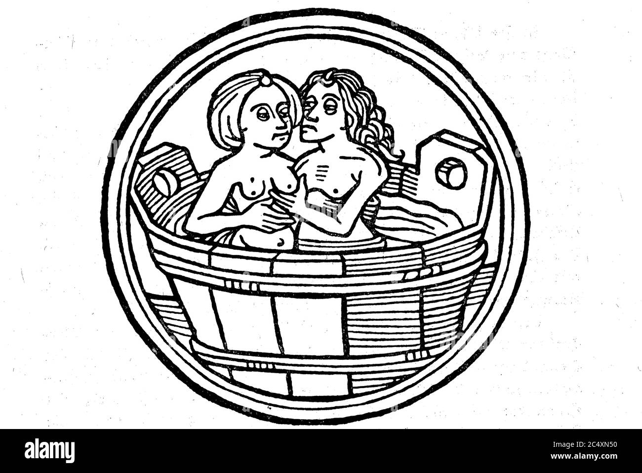 Man with woman in a bath, from the German calendar, 1480  /  Mann mit Frau in einer Badewanne, Aus dem deutschen Kalender, 1480 Stock Photo