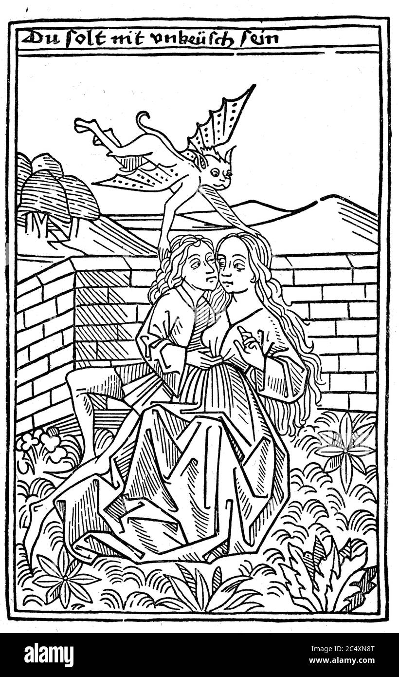 You shall not be unchaste. From the Seelentrost, 1478  /  Du sollst nicht unkeusch sein. Aus dem Seelentrost, 1478 Stock Photo