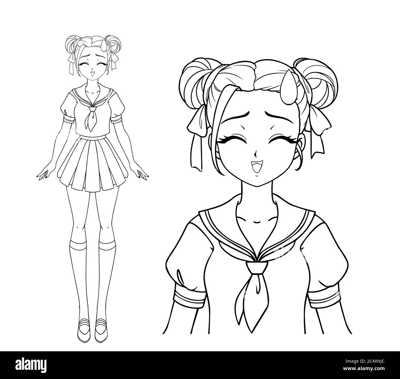 Smiling manga girl with closed eyes and two pigtails wearing japanese  school uniform. Hand drawn vector illustration. Isolated on white  background Stock Vector Image & Art - Alamy