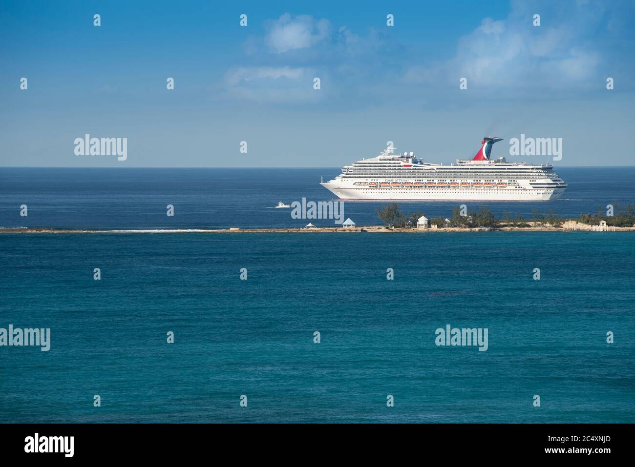 Nassau, Bahamas - March 1, 2018:  Carnival Cruise Lines ship departing from the popular destination and tropical port of Nassau. Stock Photo