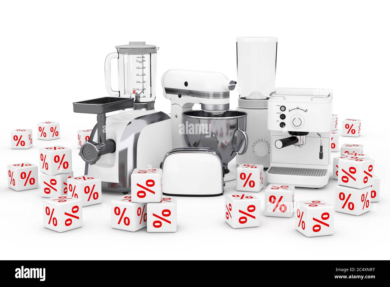 Kitchen Appliances Set. White Blender, Toaster, Coffee Machine, Meat  Ginder, Food Mixer and Coffee Grinder on a white background. 3d Rendering  Stock Photo - Alamy