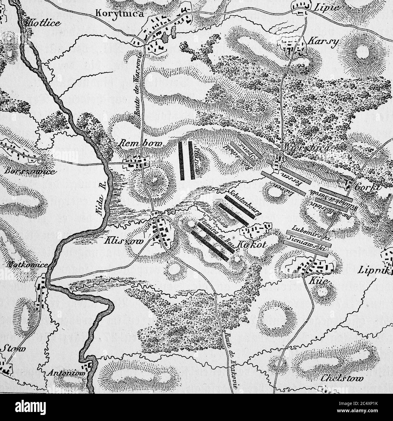 Plan of the battle of kliszów on 19 July 1702 Poland, in the battle of kliszów the armies of Charles XII stood on 19 July 1,702th and Augustus II. against. Klissow is a place south of Kielce  /  Plan der Schlacht bei Klissow am 19. Juli 1702, Polen, In der Schlacht bei Klissow standen sich am 19. Juli 1702 die Armeen von Karl XII. und August II. gegenueber. Klissow ist ein Ort suedlich von Kielce Stock Photo