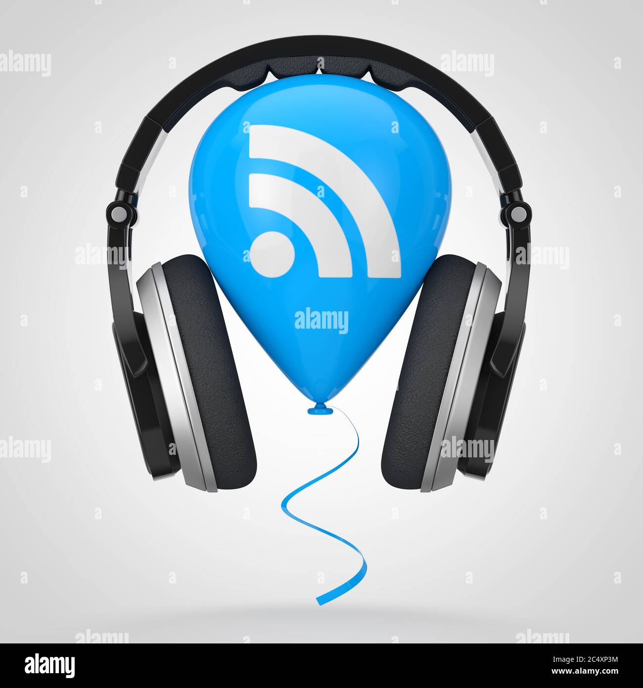 Headphones over Balloon with RSS Podcast Logo Icon on a white background. 3d Rendering Stock Photo
