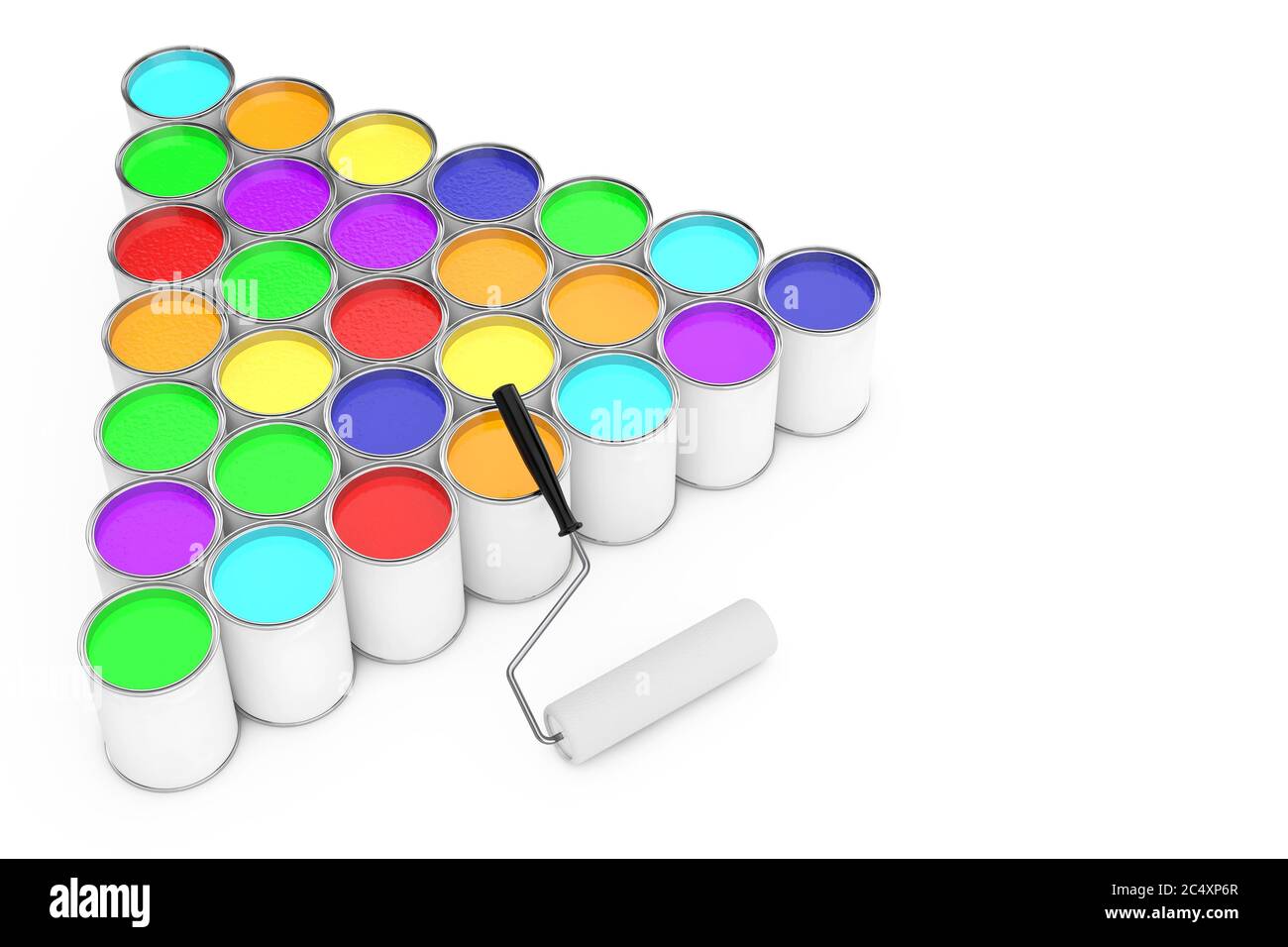 Rows of Paint Cans with Roller Brush on a white background. 3d ...