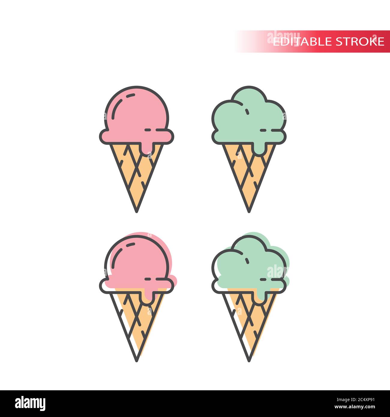 Ice cream with waffle cone colorful icon set. Ice cream pink and mint, colorful fill, editable line icons. Stock Vector