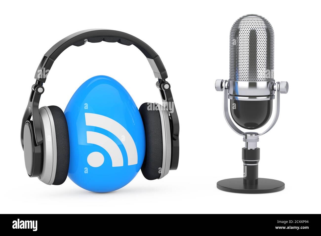 Microphone with Headphones over RSS Podcast Logo Icon on a white background. 3d Rendering Stock Photo