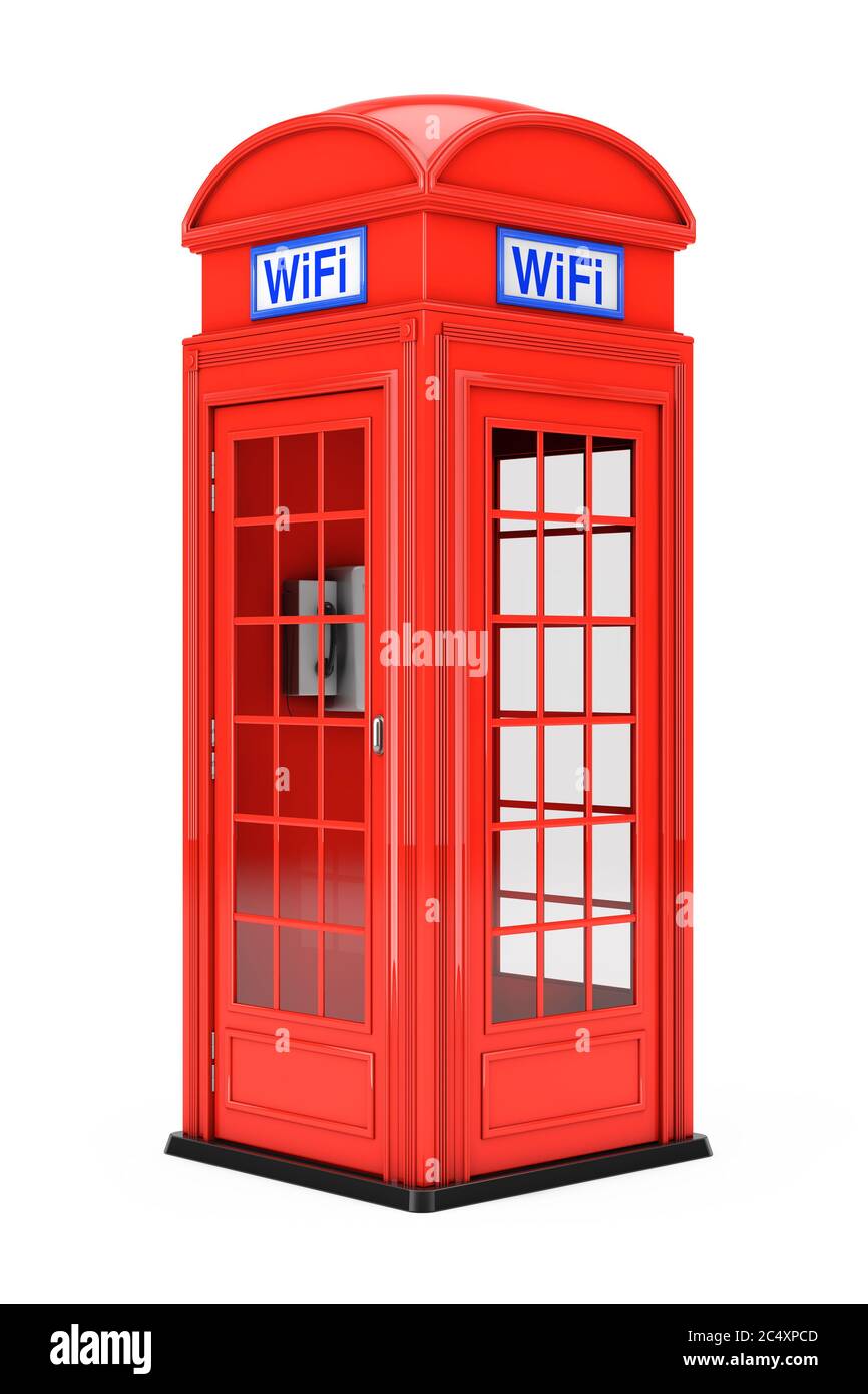 Classic British Red Phone Booth with WiFi Sign on a white background