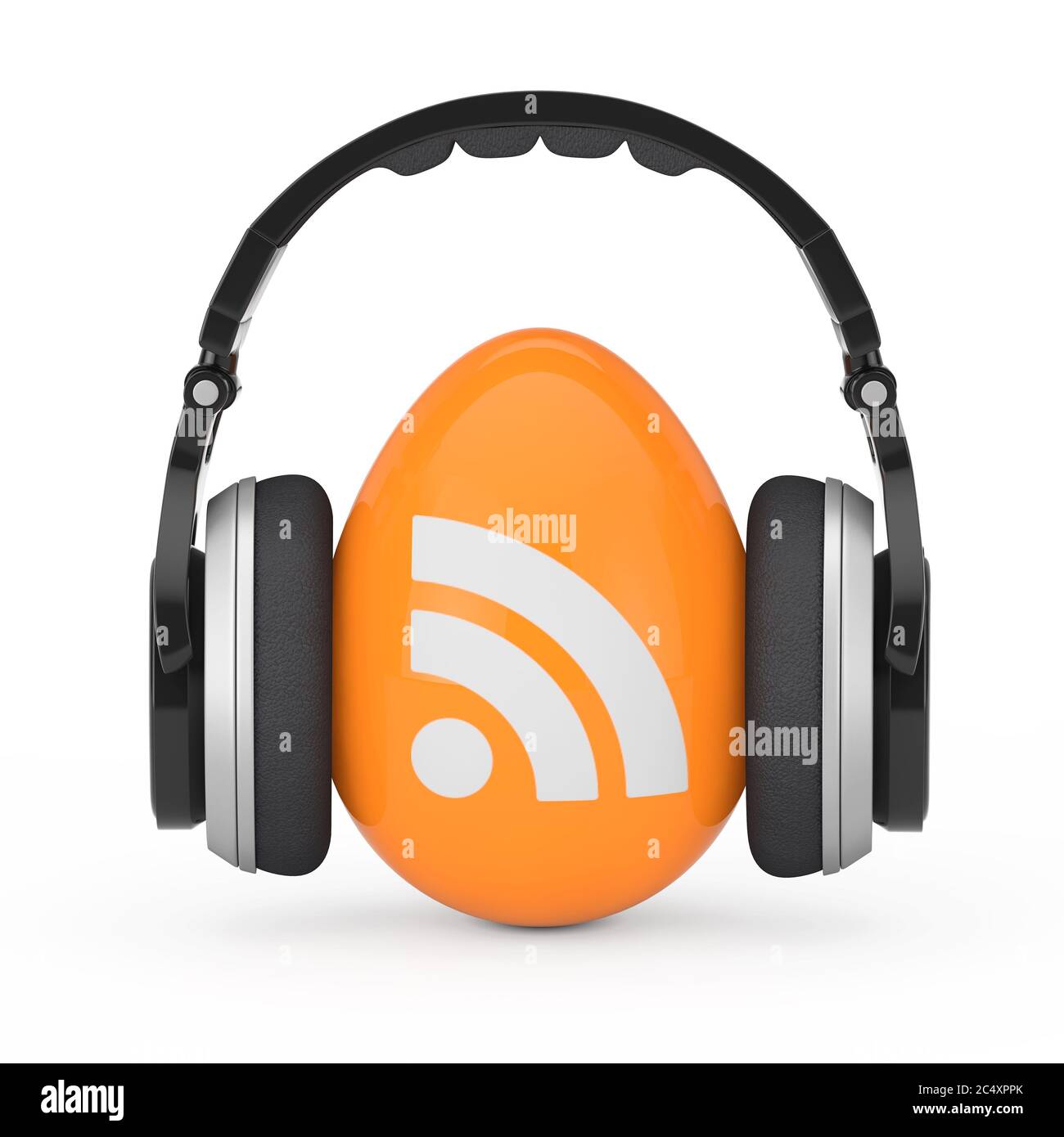Headphones over RSS Podcast Logo Icon on a white background. 3d Rendering Stock Photo