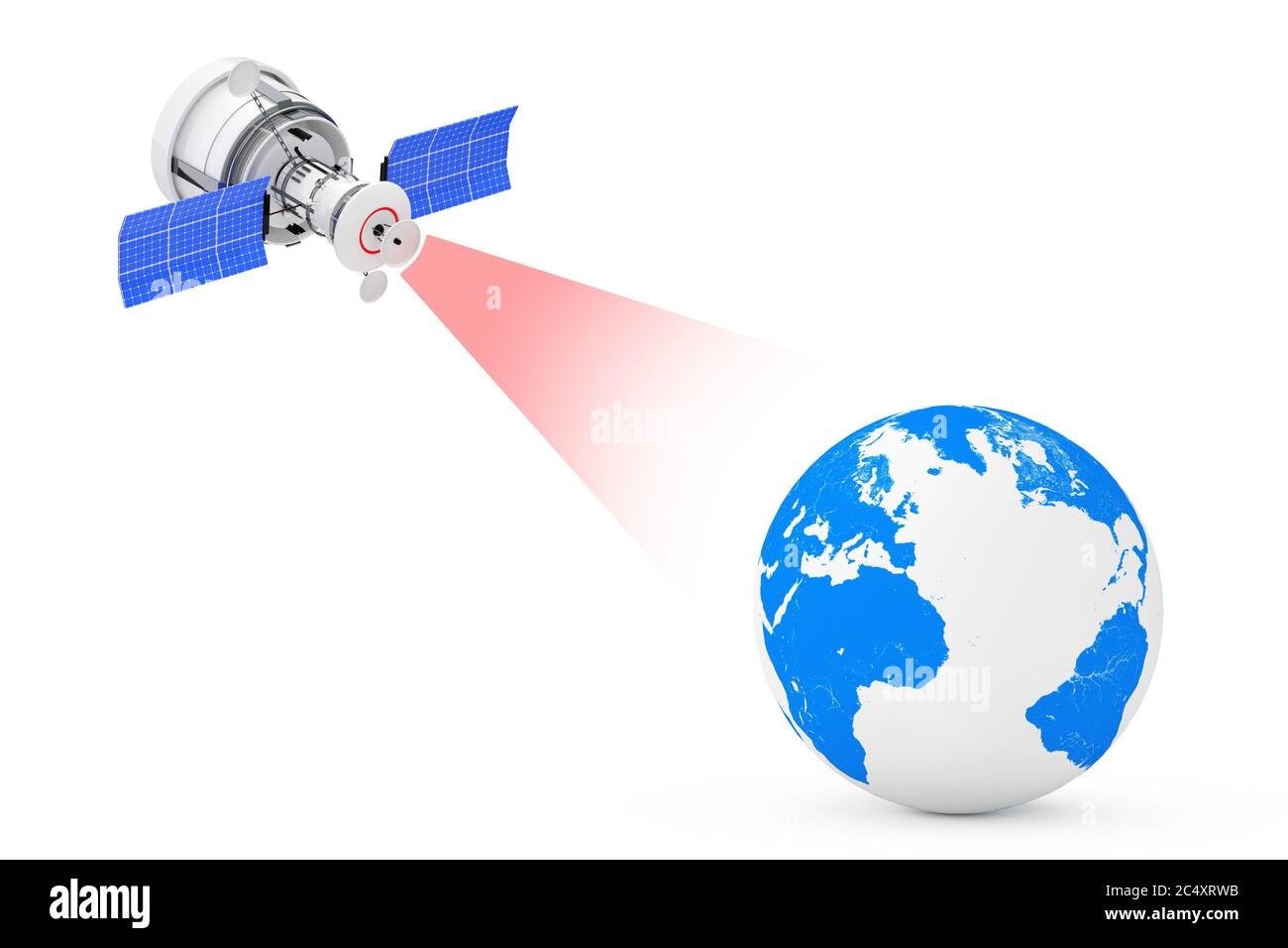 Modern Satelite Broadcasting to Earth Globe on a white background. 3d Rendering Stock Photo