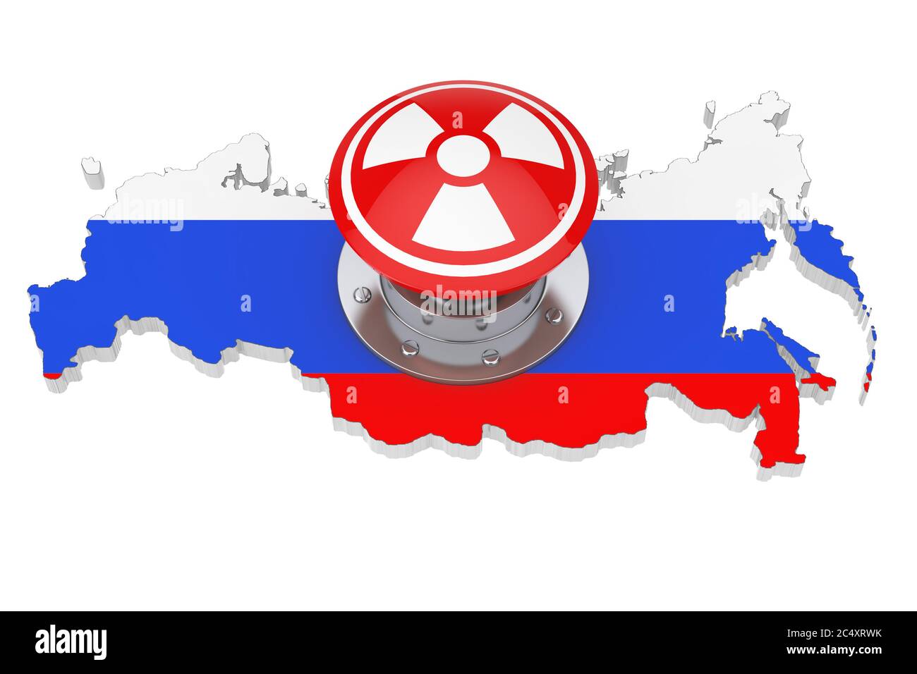 Red Atomic Bomb Launch Nuclear Button with Radiation Symbol over Russian Map with Flag on a white background. 3d Rendering Stock Photo