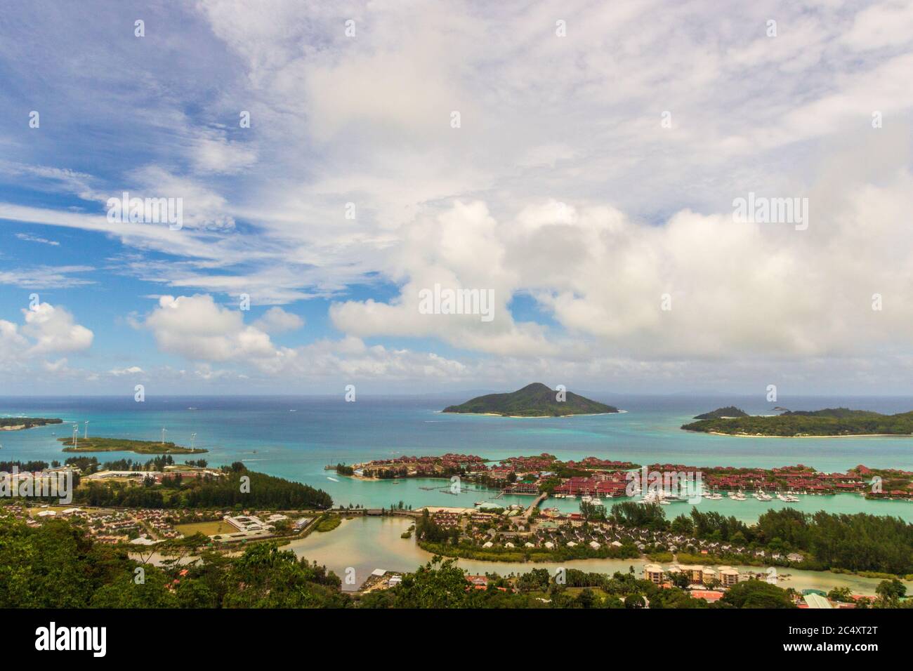 Beautiful view of Seychelles on a cloudy warm day. Concept of tourist islands. Stock Photo