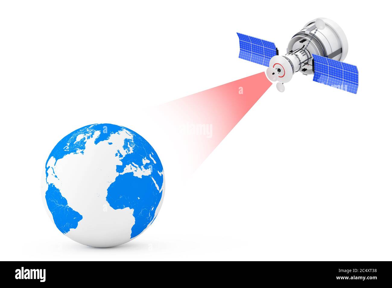 Modern Satelite Broadcasting to Earth Globe on a white background. 3d Rendering Stock Photo