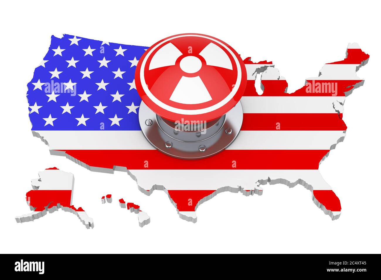 Red Atomic Bomb Launch Nuclear Button with Radiation Symbol over USA Map with Flag on a white background. 3d Rendering Stock Photo