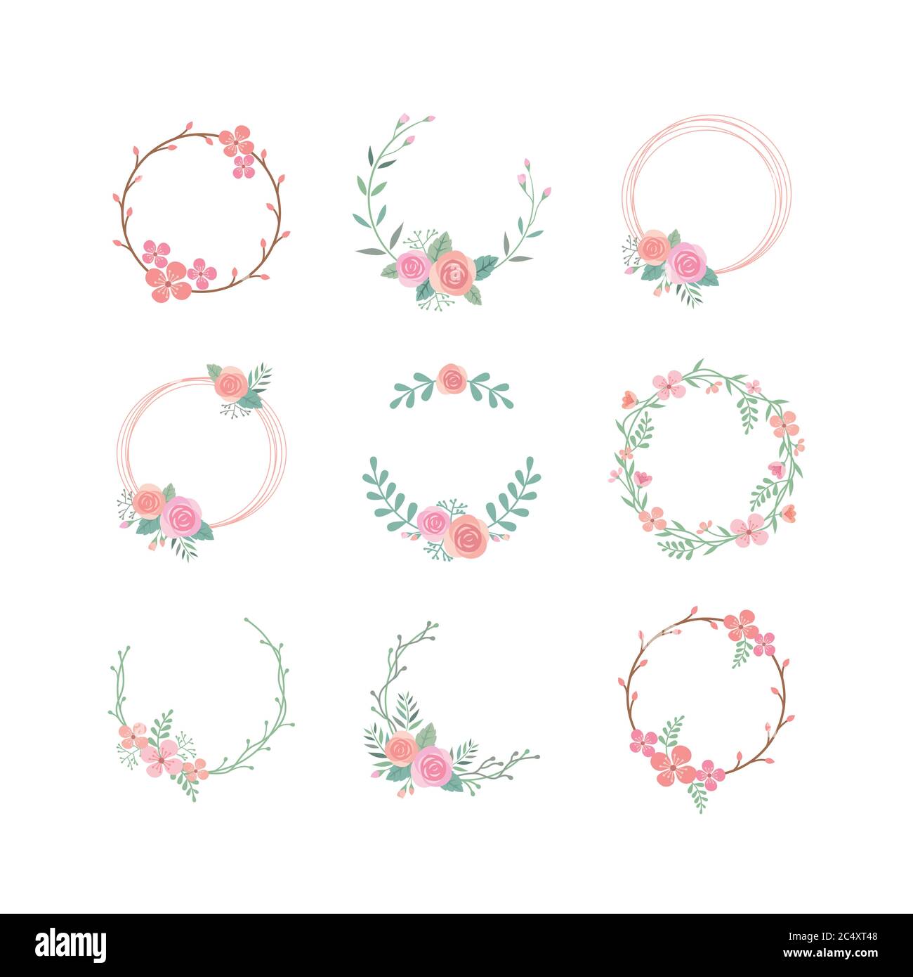 Floral circle colorful vector frame set. Spring blossom, rose flower vintage  decoration frame template with branches and leaves Stock Vector Image & Art  - Alamy