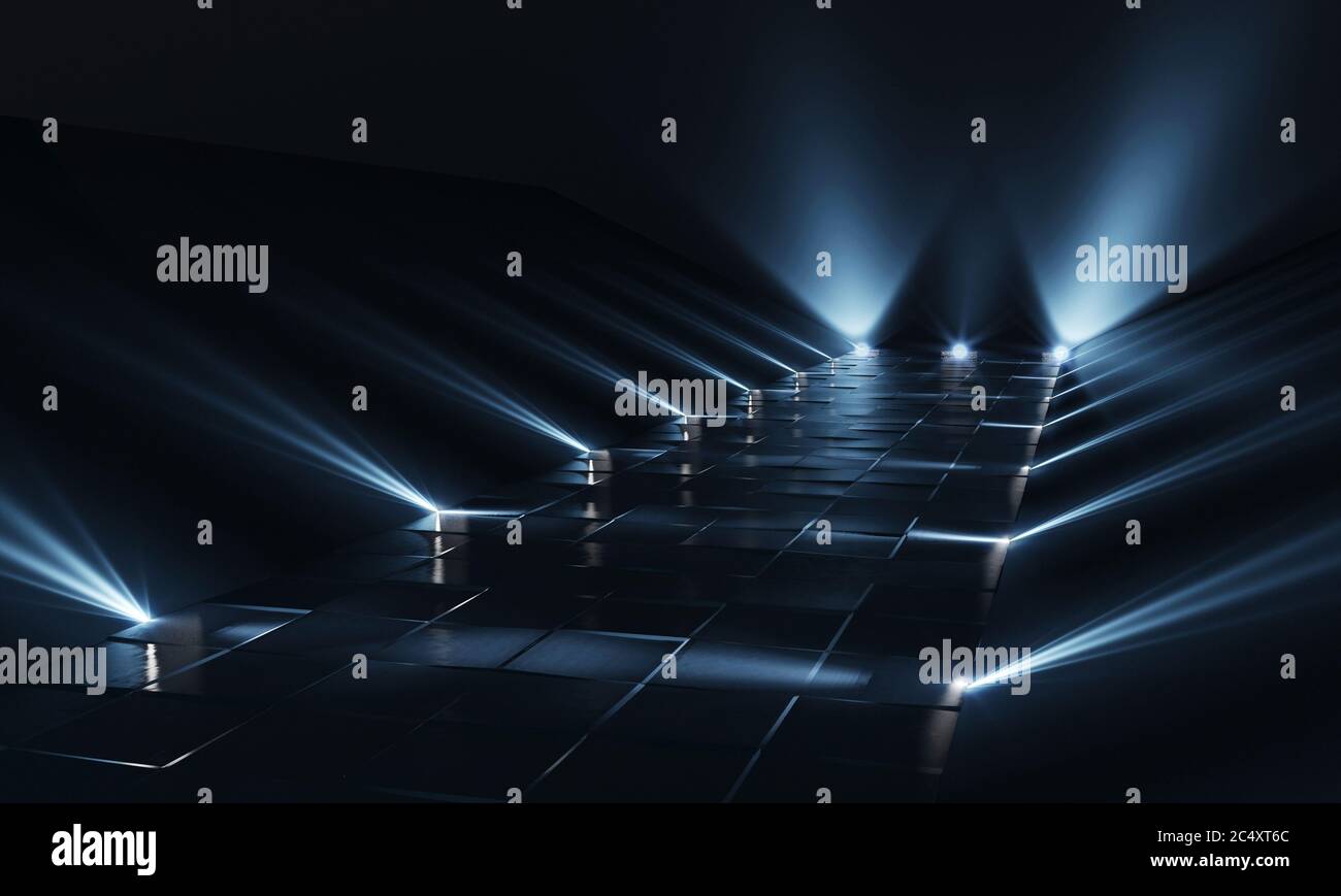 Background of empty dark podium with blue lights and tile floor. 3d  rendering Stock Photo - Alamy