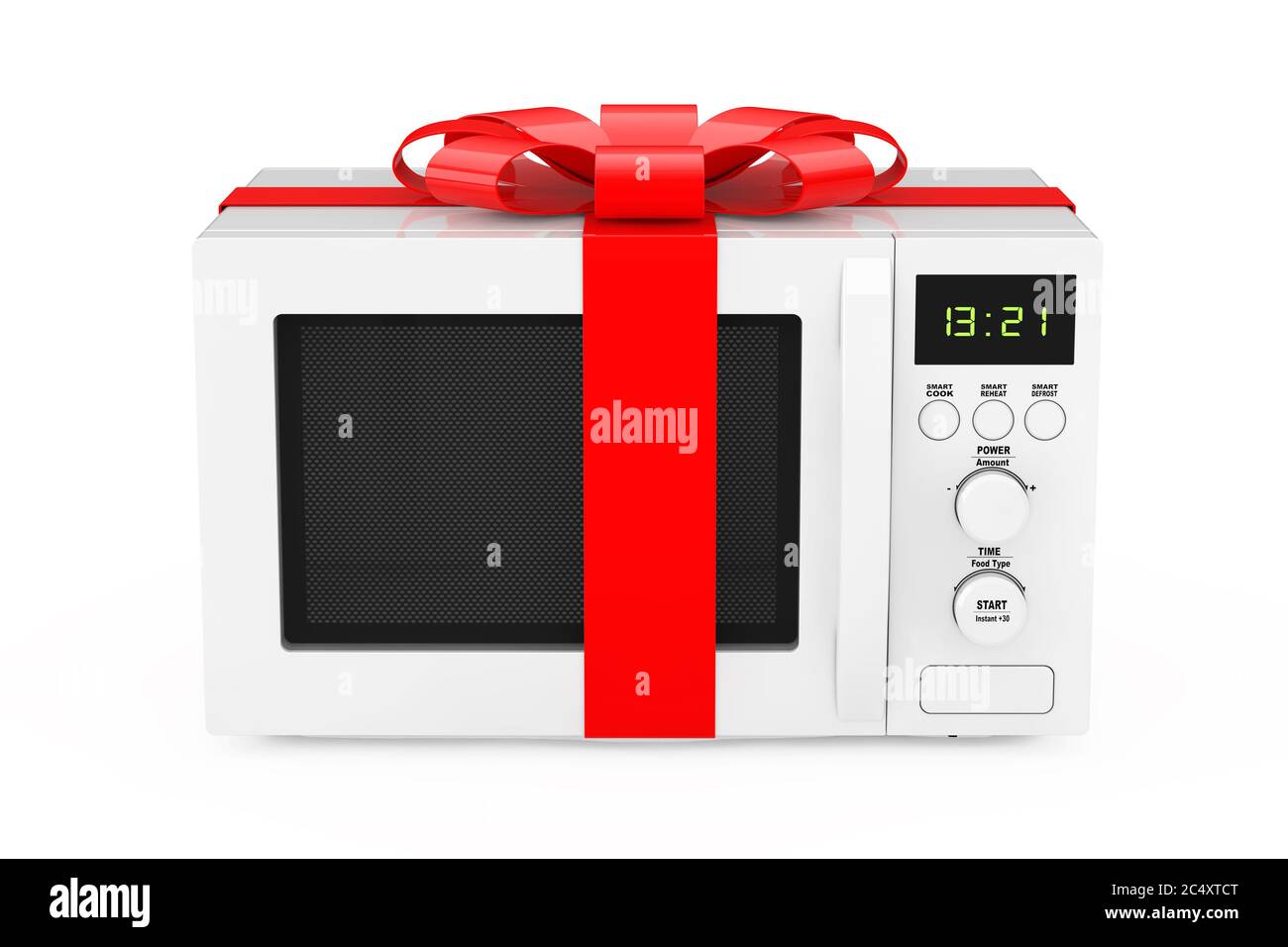 Oven Ribbon Microwave Oven Gift with Red Ribbon and Bow on a white background. 3d ...