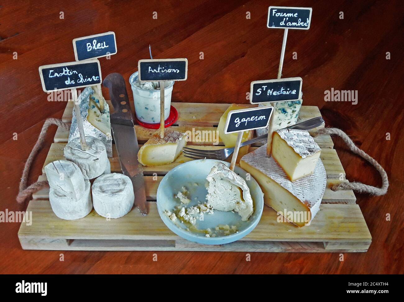 cheese platter from auvergne region in a farmhouse Inn, Marsac-en-Livradois, Livradois-Forez, France Stock Photo