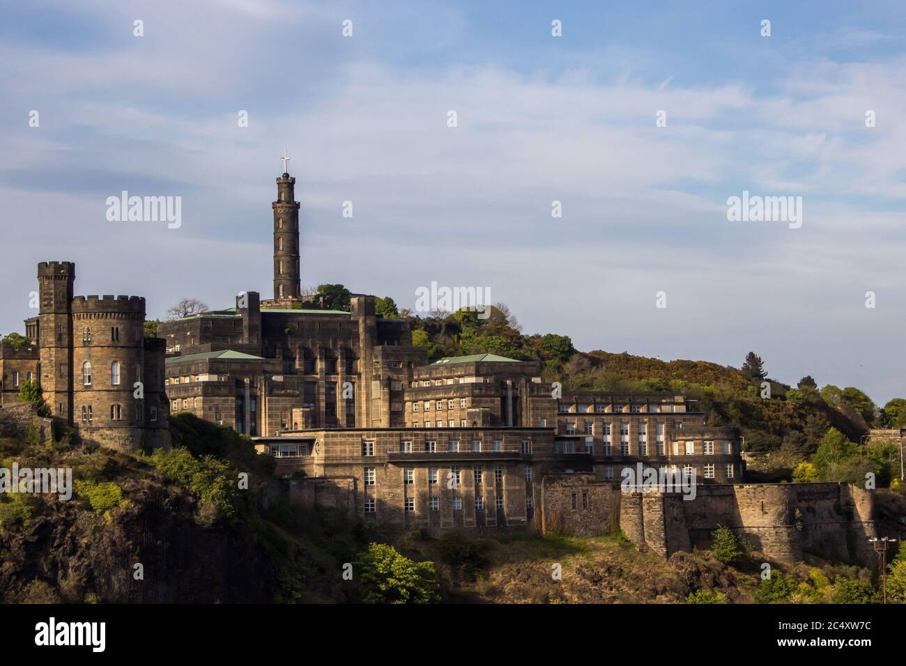 St Andrews house on Calton hill as seen from the Waverly Train Station, Edinburgh, with the Nelson tower in the background Stock Photo