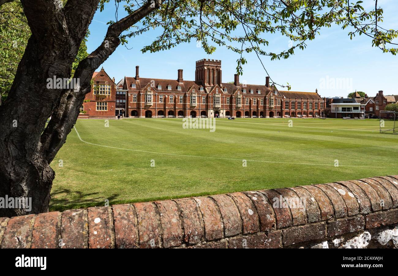 Eastbourne College, East Sussex, England. The main building and cricket grounds of the co-educational independent private school on the UK south coast Stock Photo