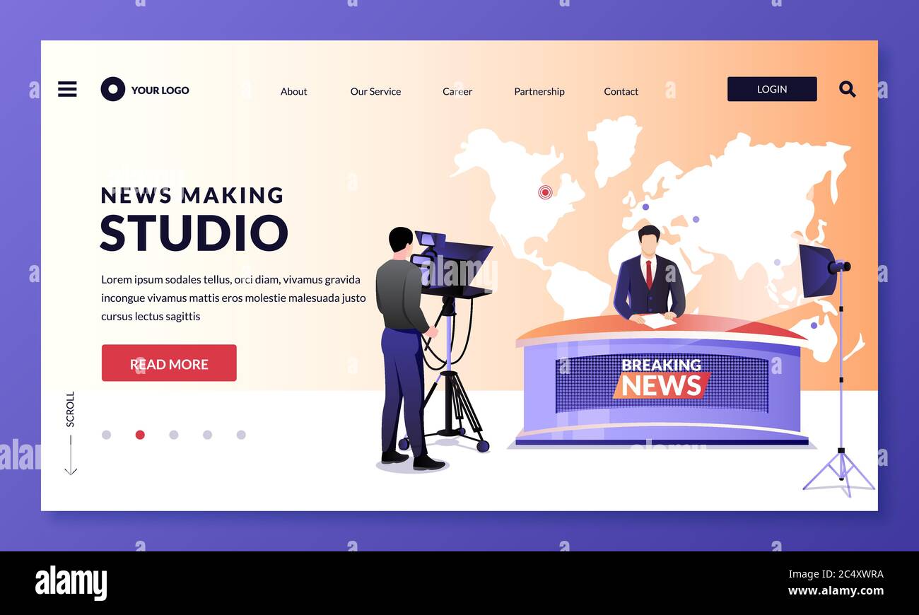News making, television studio workflow. TV breaking news broadcasting, vector illustration. Man media broadcasters and cameraman with camera at work. Stock Vector