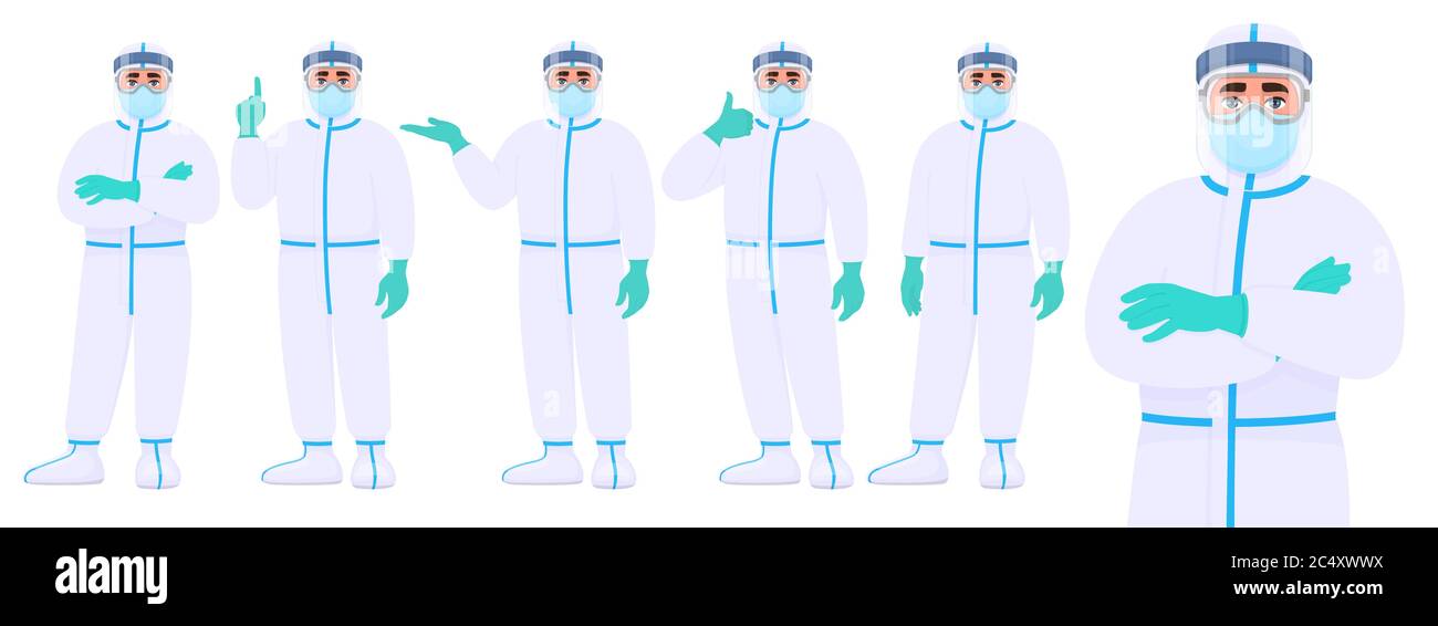 Male doctor in protective suit standing various postures and showing hand gestures. Set of physician or surgeon character covering with safety coveral Stock Vector