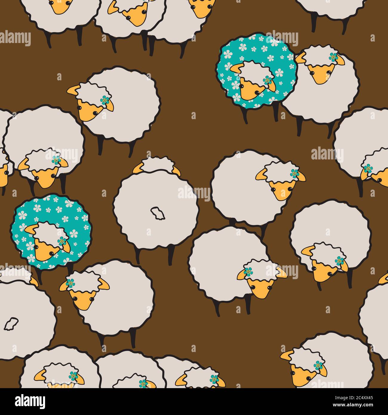 Sheeps milling about, seamless vector pattern on brown background surface design Stock Vector