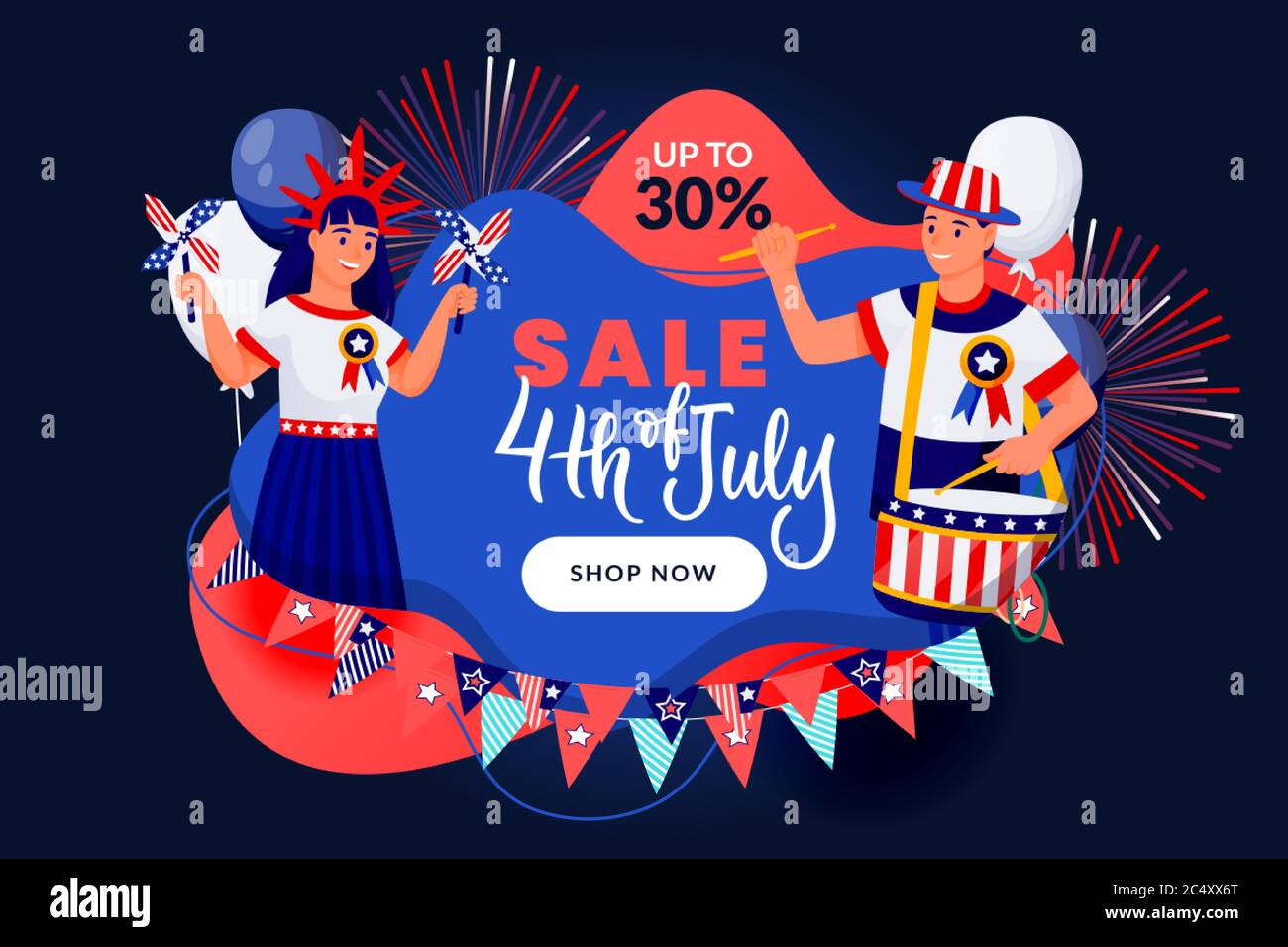 4th of July discount sale banner, poster design template. USA Independence Day celebrating. People in american flag colors patriotic costumes on abstr Stock Vector