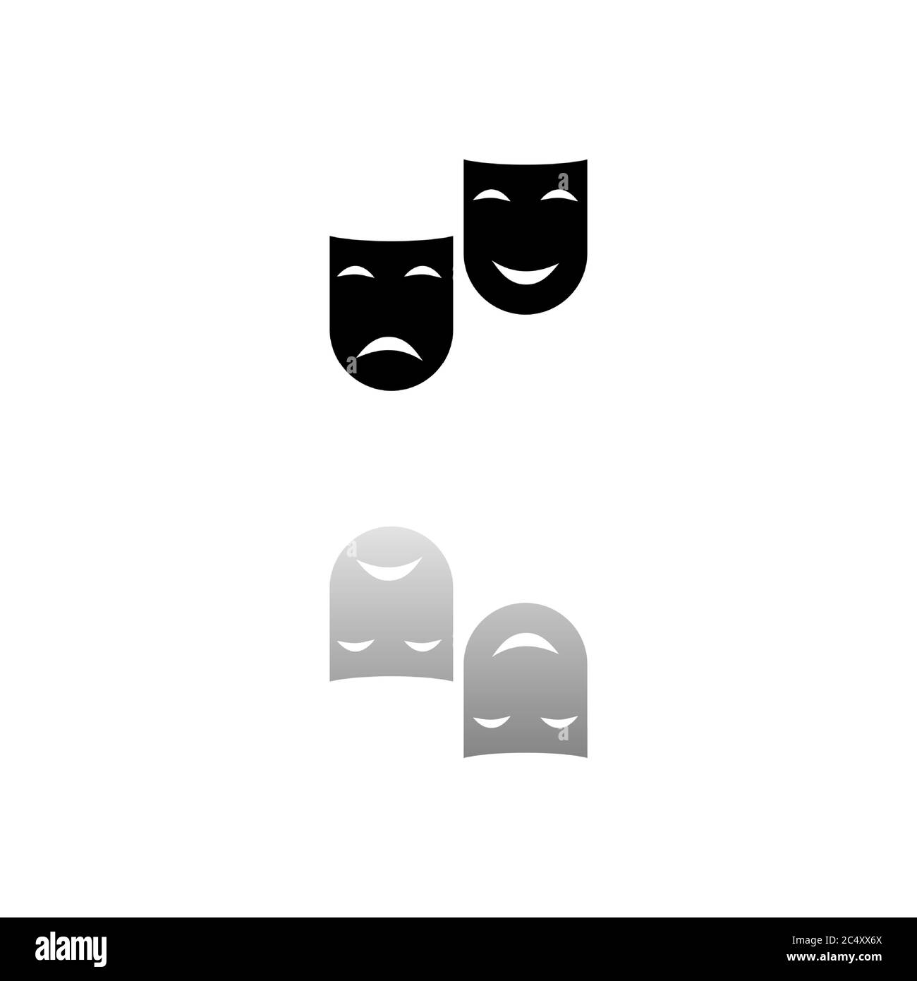 Comedy and tragedy theatrical masks. Black symbol on white background. Simple illustration. Flat Vector Icon. Mirror Reflection Shadow. Can be used in Stock Vector