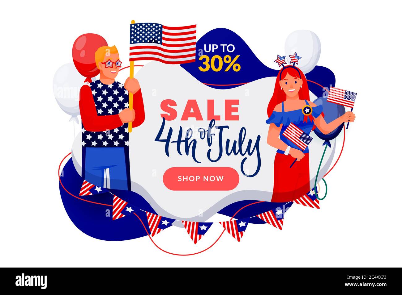 4th of July discount sale banner or poster design template. USA Independence Day celebrating. Vector illustration. Happy people in american flag color Stock Vector
