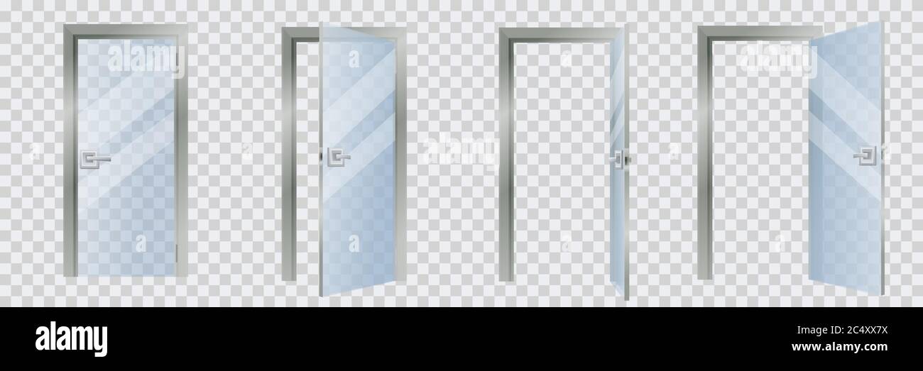 Closed and open glass modern interior door set, isolated on transparent background. Contemporary home or room entrance and exit design element. Vector Stock Vector