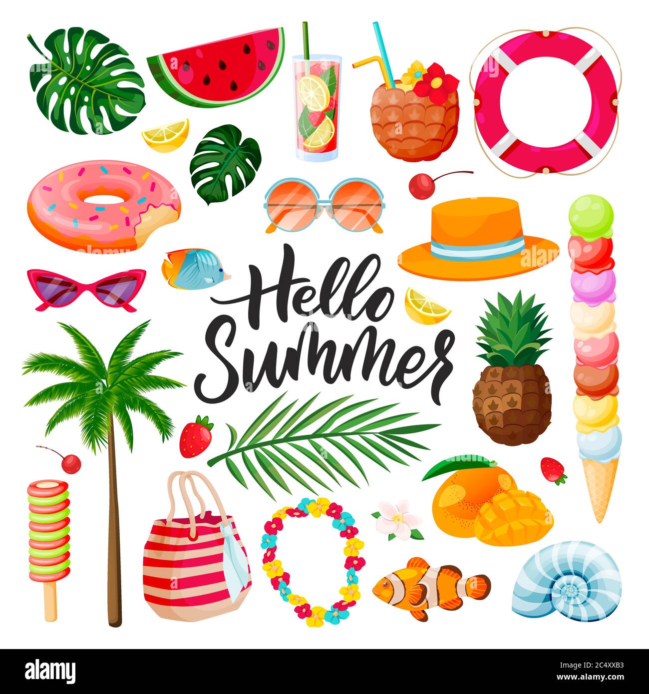 Hello summer calligraphy lettering, beach, travel and tropical design elements set. Vacation holiday icons, isolated on white background. Vector flat Stock Vector