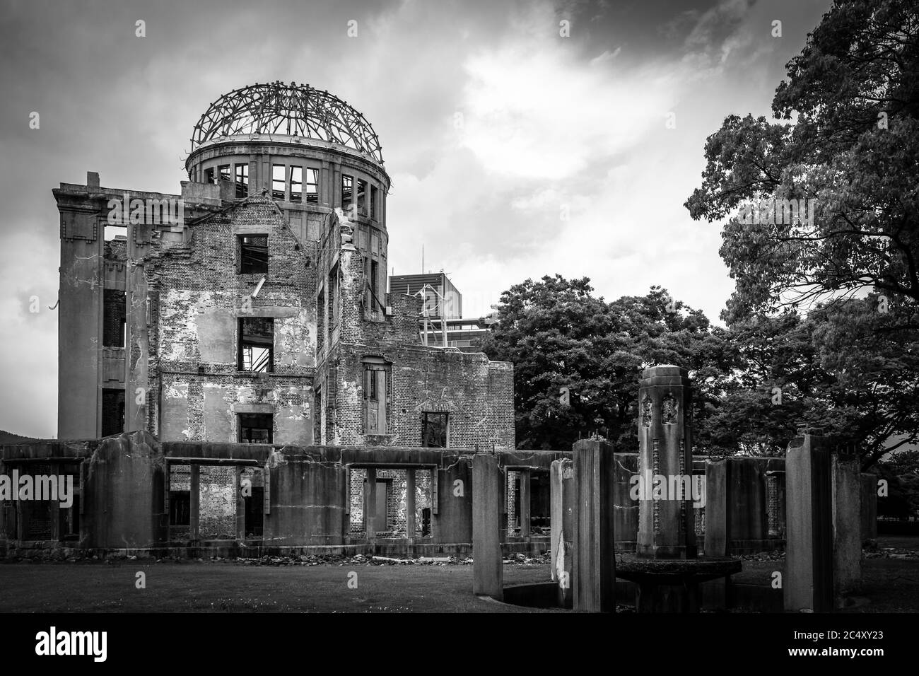 Sobering image of the Hiroshima Peace Memorial the only structure left standing near the area of the first atomic bomb which exploded in 1945. Stock Photo