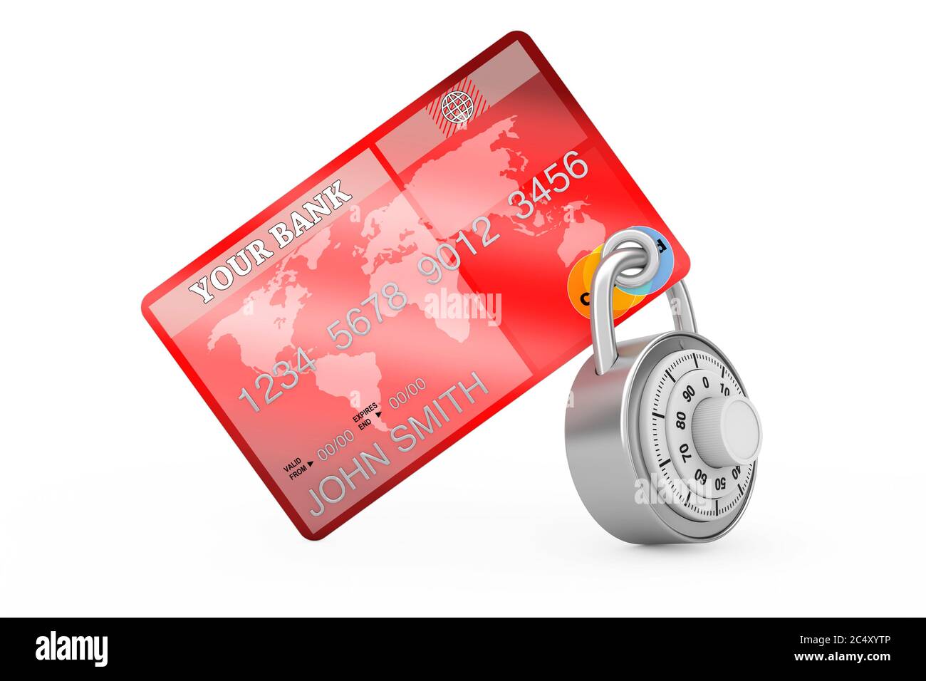 Credit Card Protected by Encryption Padlock on a white background. 3d ...